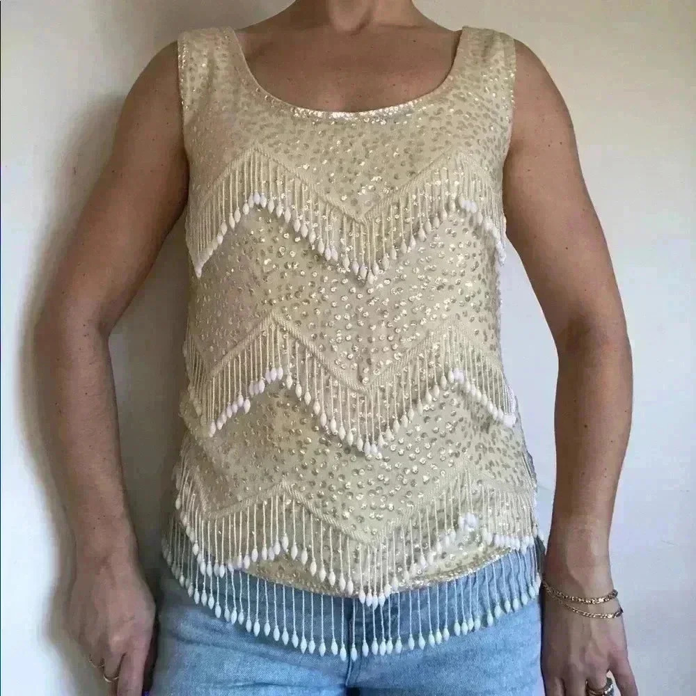 100% wool silk lined ivory vintage top sequins beaded detail|12 fairy SWIFTY